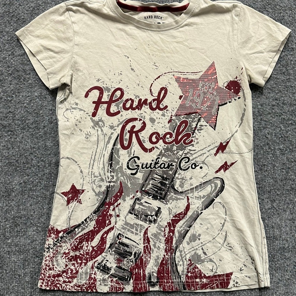 Hard Rock T-Shirt Womens XS Beige Guitar Graphic Rhinestone Star Slim Fit Cotton